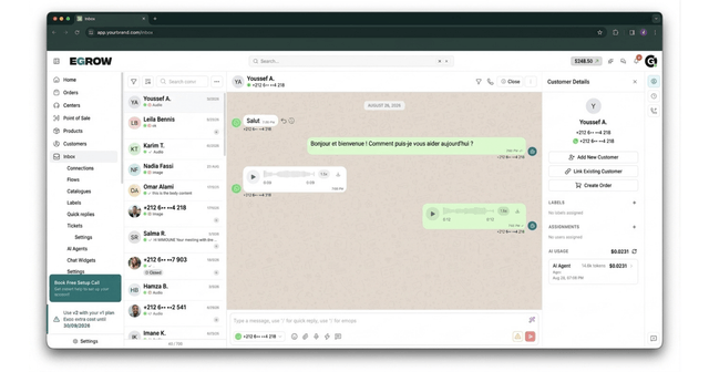 The eGrow unified inbox with WhatsApp conversations, voice notes and the customer panel
